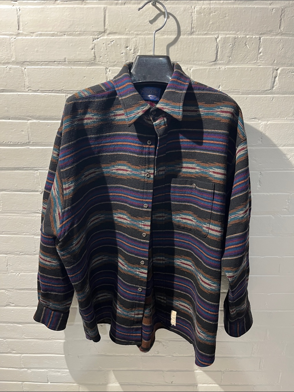 Pendleton Black Striped Button-Up Shirt Jacket with Blue & Purple Accents
